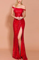 Langes Rotes Memaid Ballkleid mit Pailletten